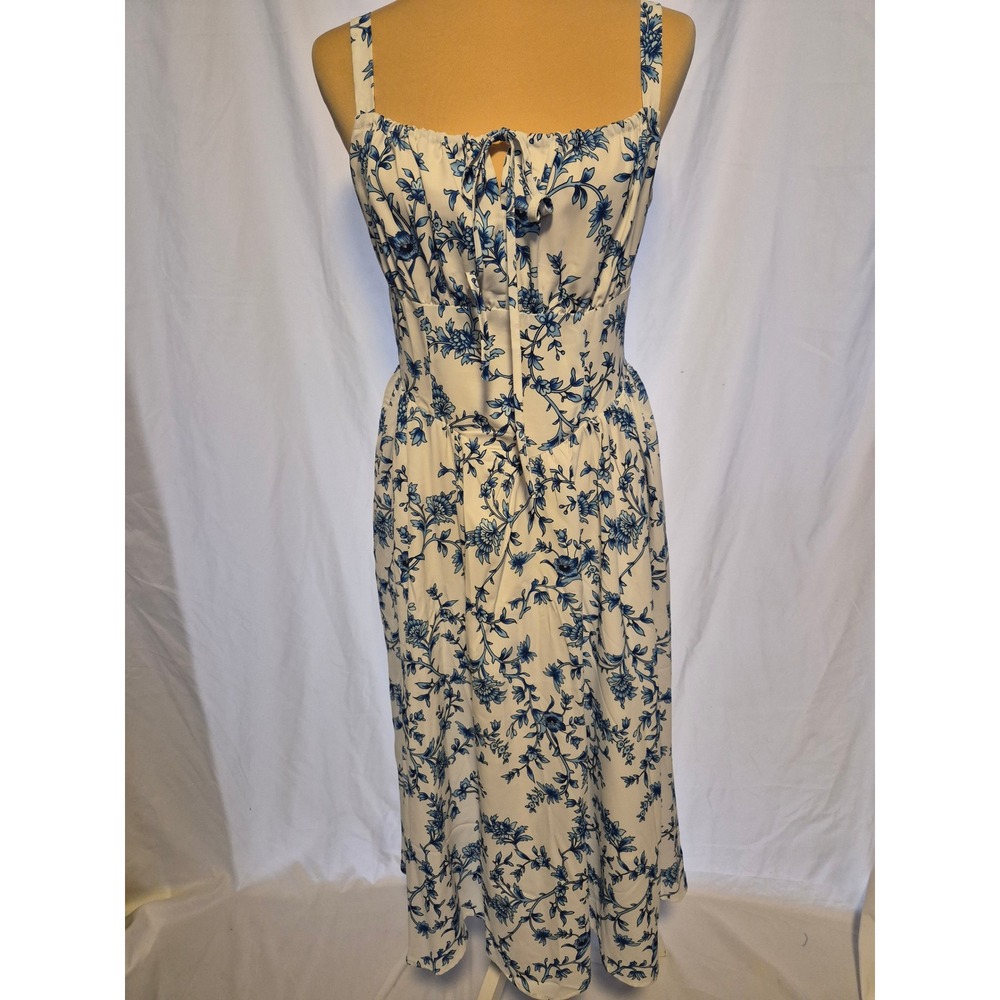 Little Darkie Blue Floral Toile Milkmaid Midi Dress White Smocked Back Medium